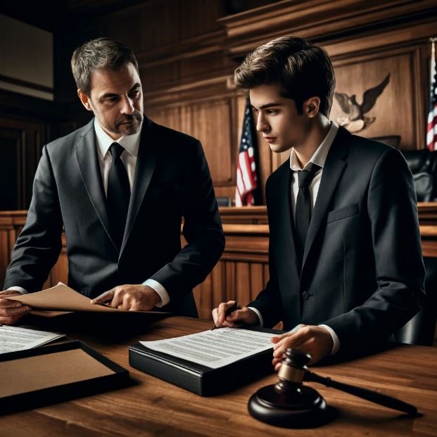 A person in a suit looking at a person in a courtroom

Description automatically generated